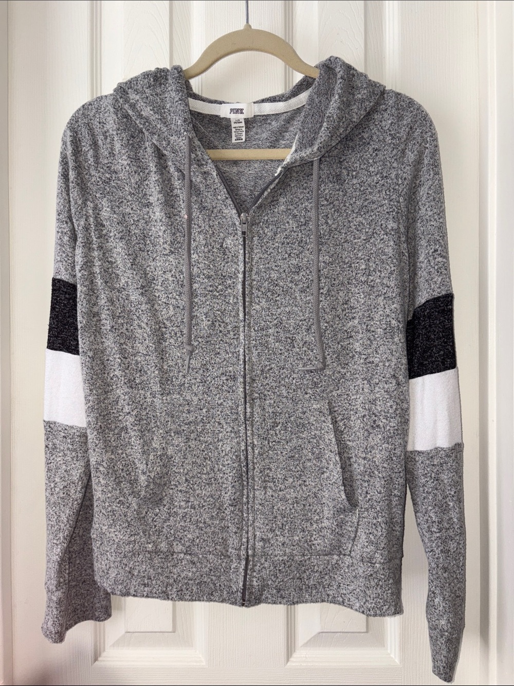 PINK by Victoria's Secret Gray white striped lightweight soft Zip-Up Hoodie L